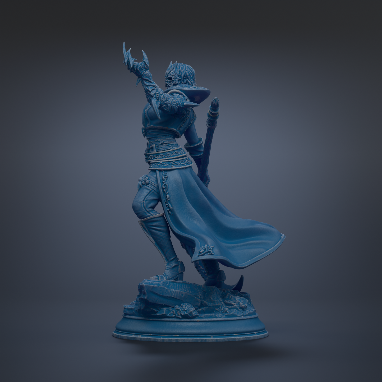 A blue statue of a warrior figure with a flowing cape and wielding a sword stands on a pedestal against a dark background.