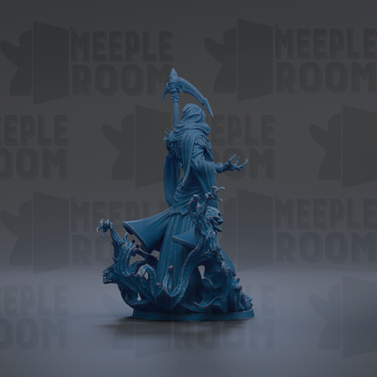 A dark blue, 3D-rendered figurine of a figure with a long sword and a hooded cloak, standing on a platform and holding a staff.