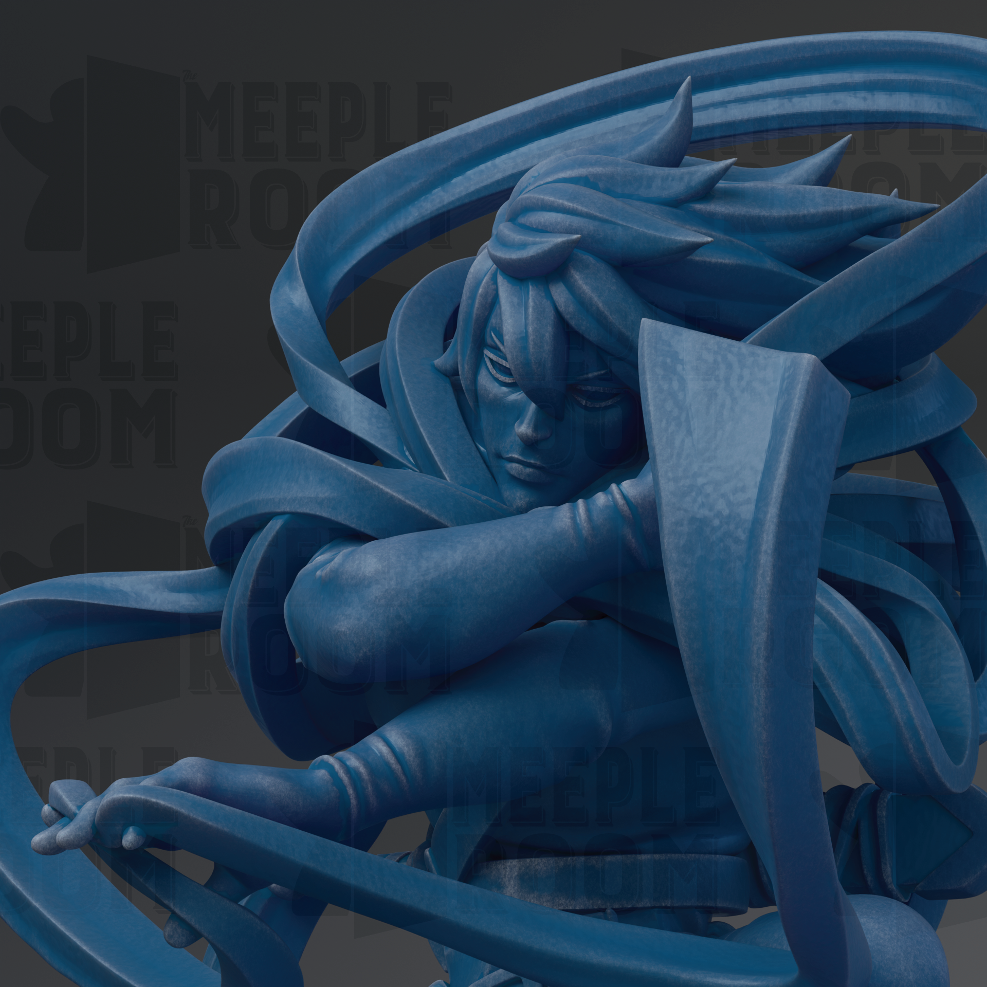A close-up view of a blue, abstract sculpture depicting a figure with flowing, dynamic hair and intense facial expression.