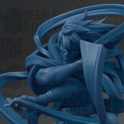 A close-up view of a blue, abstract sculpture depicting a figure with flowing, dynamic hair and intense facial expression.