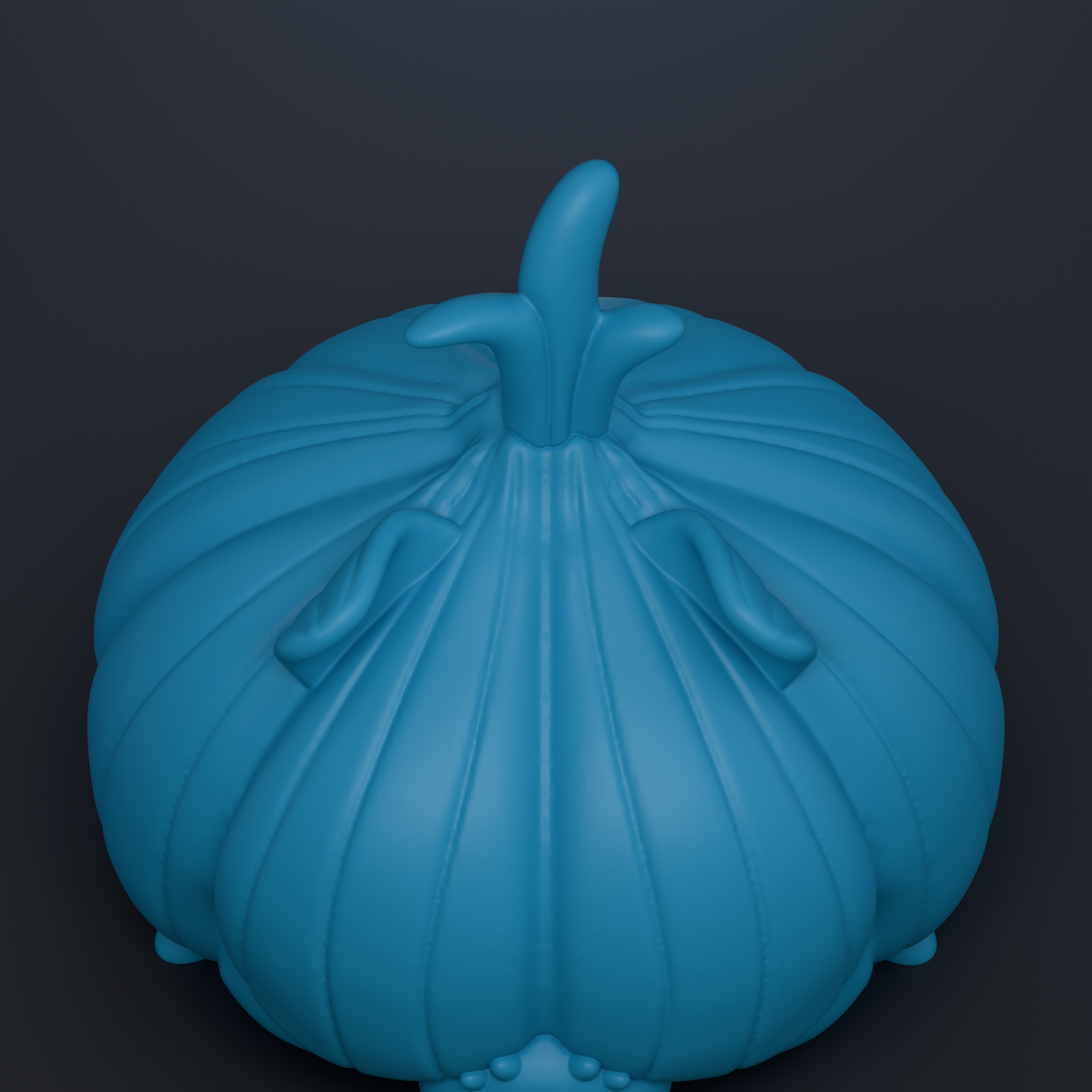 A 3D rendering of a blue, round object resembling a fruit or vegetable with a pointed top.
