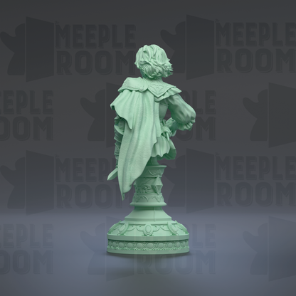 A green statue of a person with a cape and a sword, standing on a pedestal.
