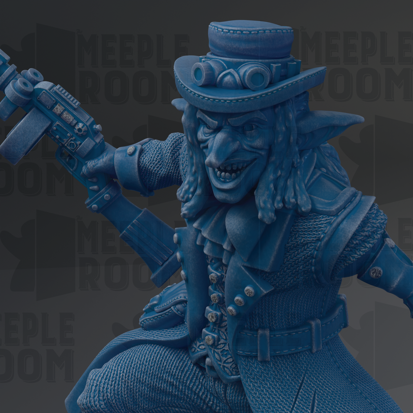 A close-up of a blue, 3D-rendered character with a stern expression, wearing a hat and holding a weapon.