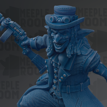 A close-up of a blue, 3D-rendered character with a stern expression, wearing a hat and holding a weapon.