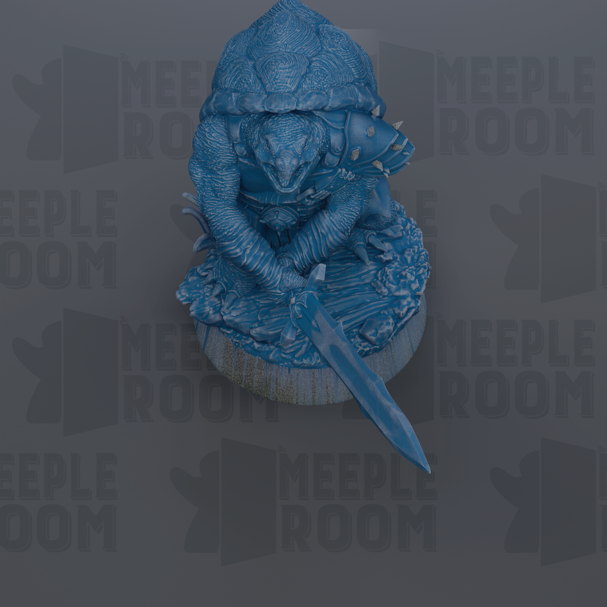 A blue, 3D-rendered statue of a turtle-like creature with a sword in its hand, set against a dark background with repeated text.