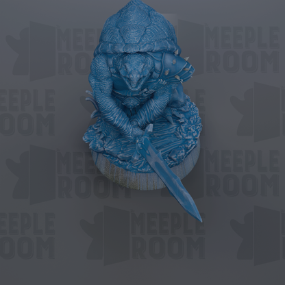 A blue, 3D-rendered statue of a turtle-like creature with a sword in its hand, set against a dark background with repeated text.