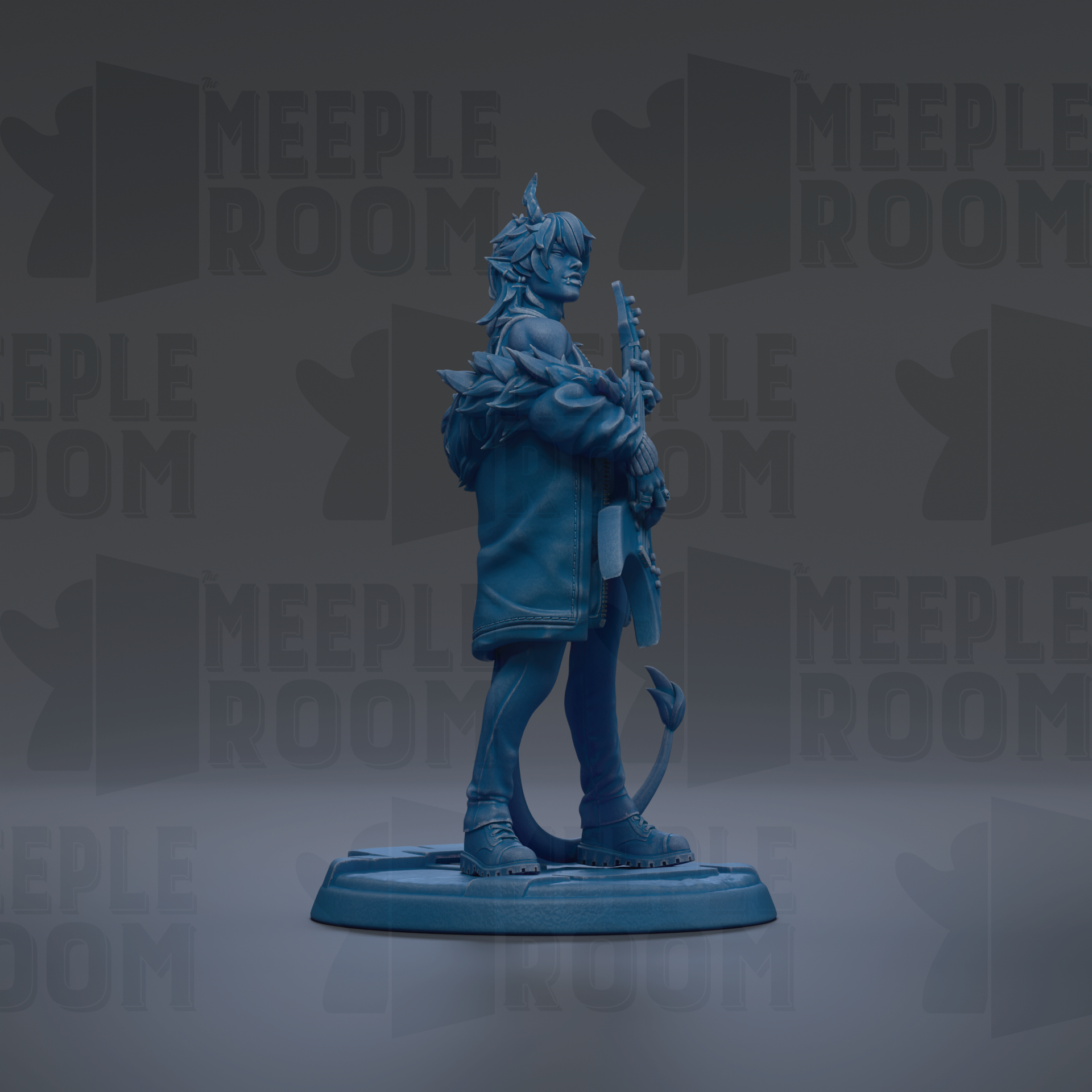 A blue figurine of a person standing on a platform, holding a weapon and wearing a jacket.