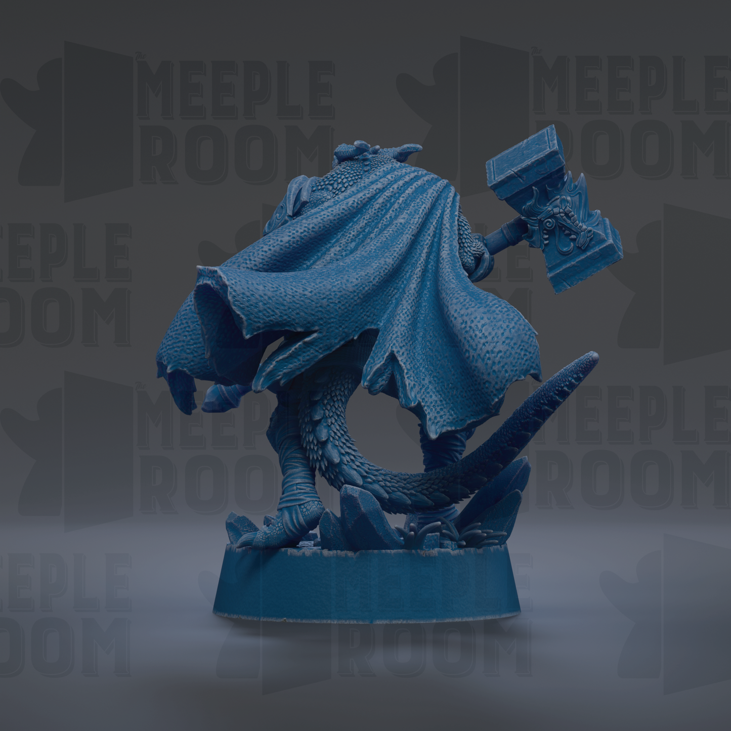 A blue figurine of a dragon-like creature with a large hammer in its hand, standing on a platform.