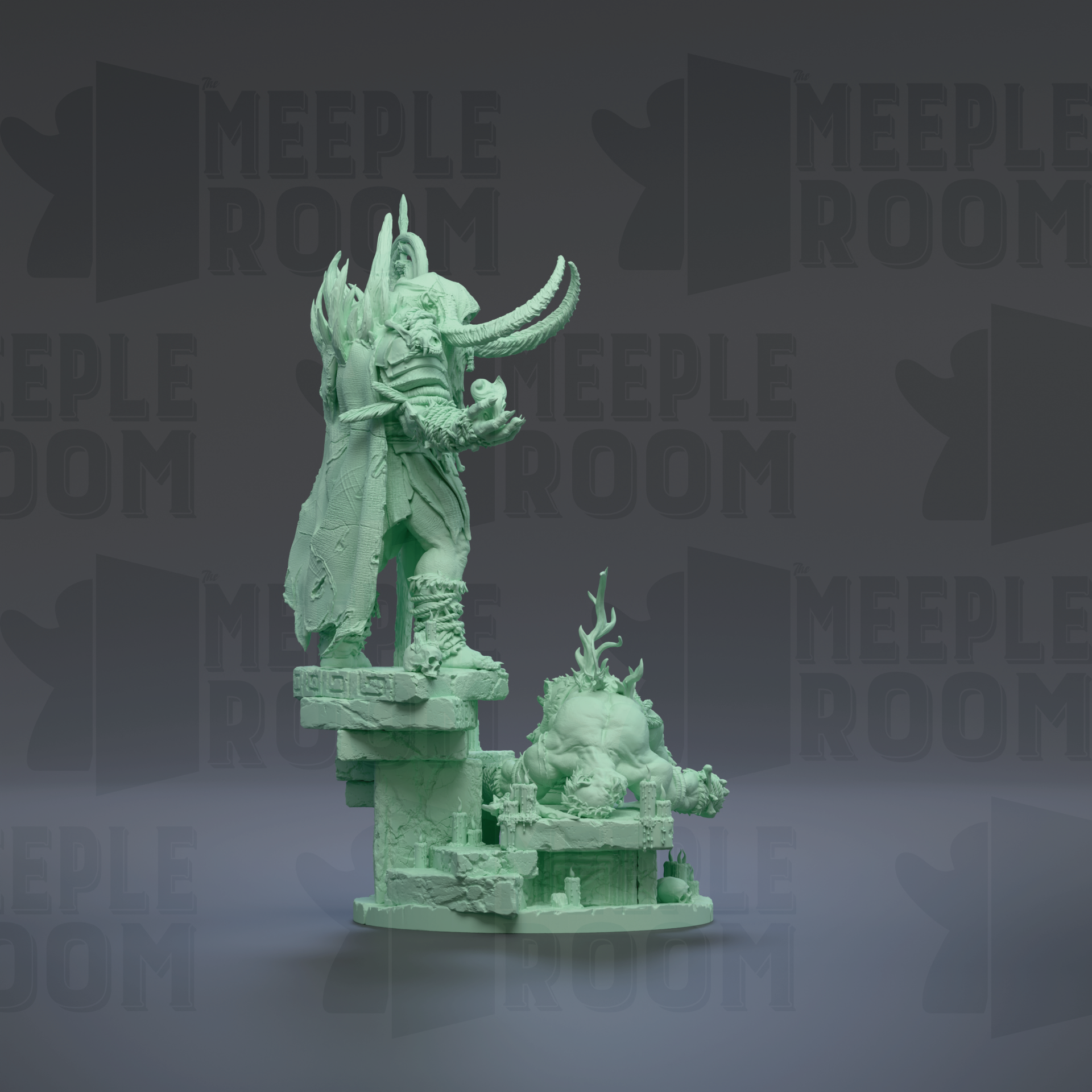 A green, 3D-rendered statue of a fantastical creature with horns and a large head, standing on a pedestal.