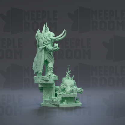 A green, 3D-rendered statue of a fantastical creature with horns and a large head, standing on a pedestal.
