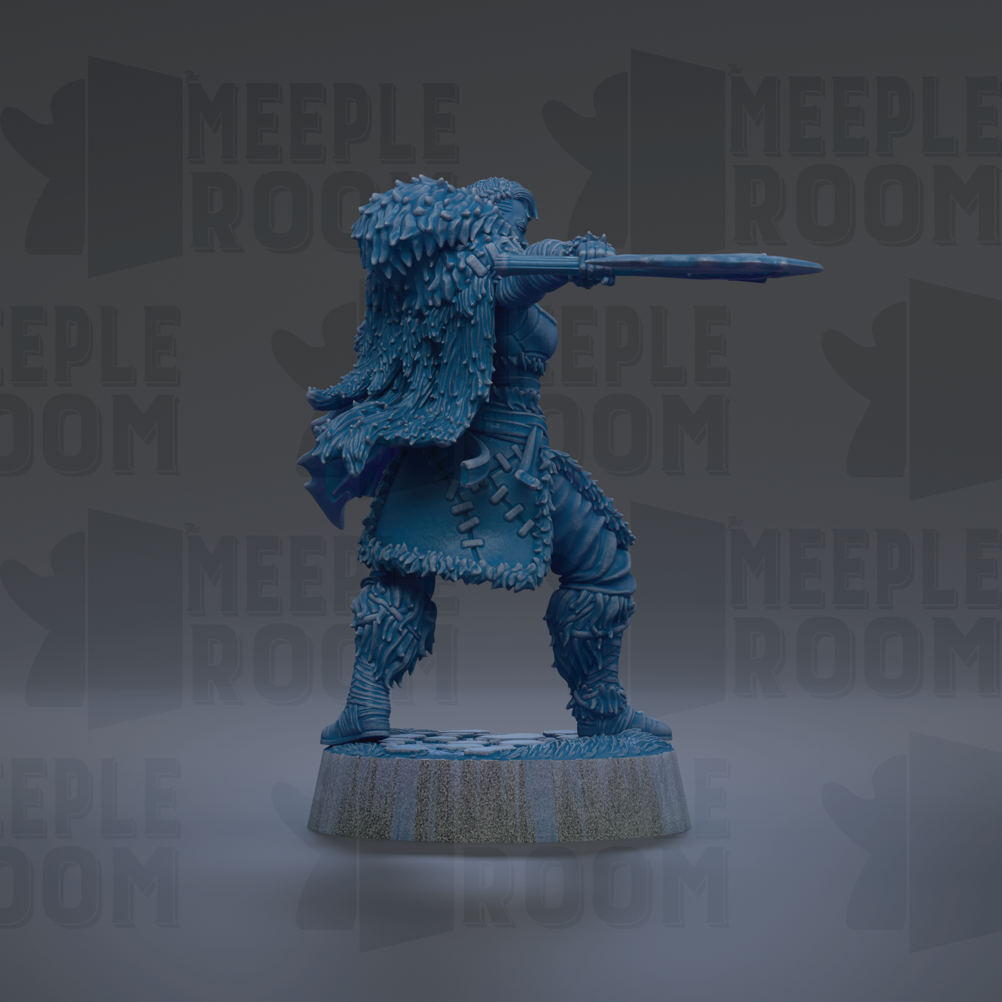 A blue, detailed figurine of a warrior-like character with a sword, standing on a platform against a dark background with repeated text.