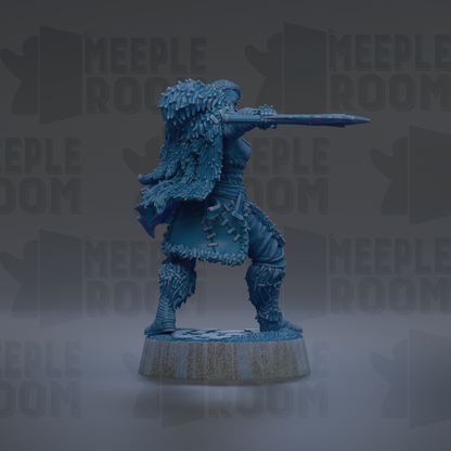 A blue, detailed figurine of a warrior-like character with a sword, standing on a platform against a dark background with repeated text.