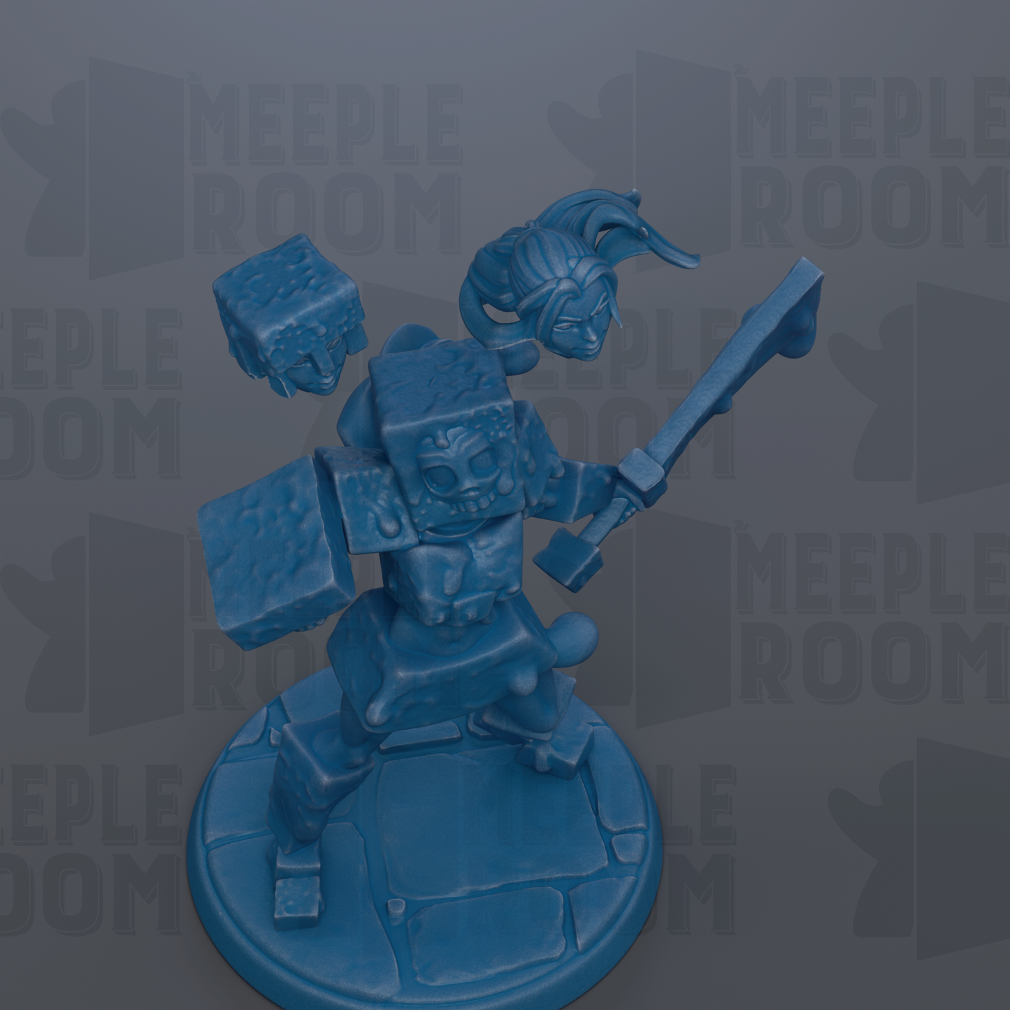 A blue 3D model of a character with a sword and shield, standing on a base.