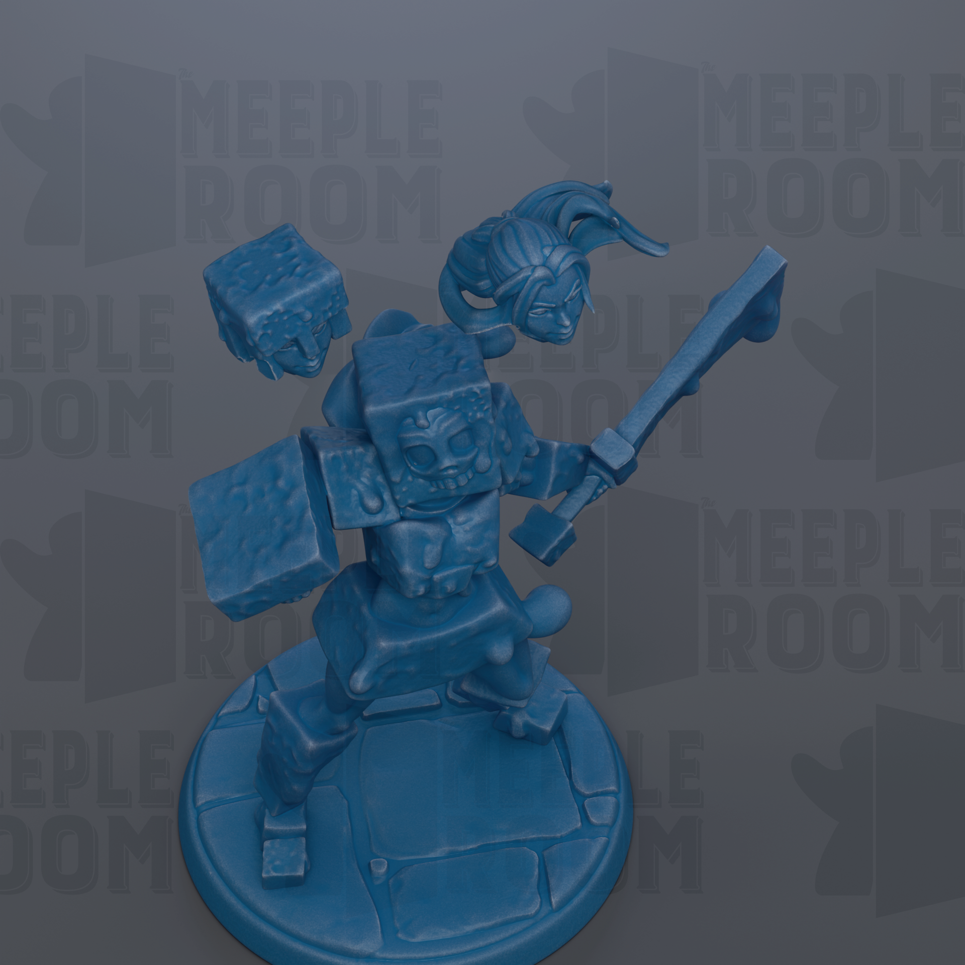 A blue 3D model of a character with a sword and shield, standing on a base.
