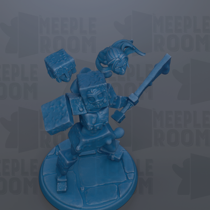 A blue 3D model of a character with a sword and shield, standing on a base.