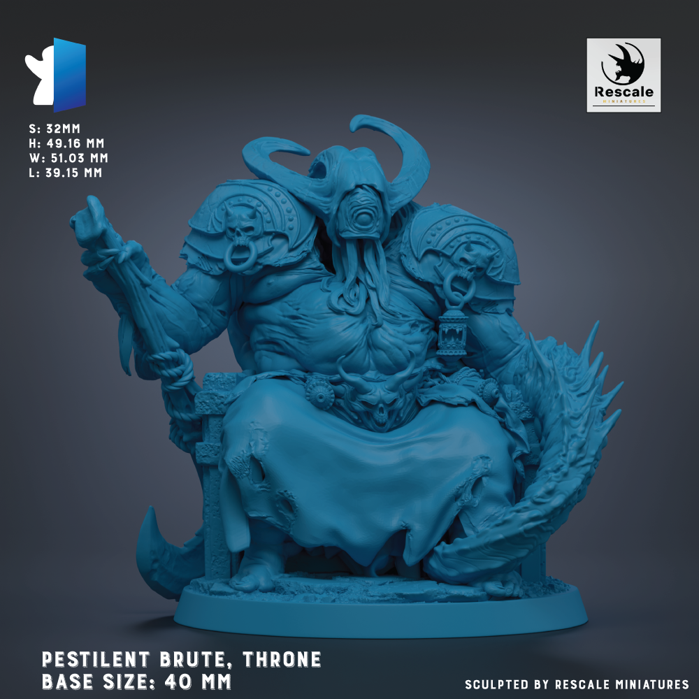 a large, blue-colored statue of a creature with horns and a beard, sitting on a throne-like base. The creature appears to be a pestilent brute, a throne-like figure, with a base size of 40 mm.