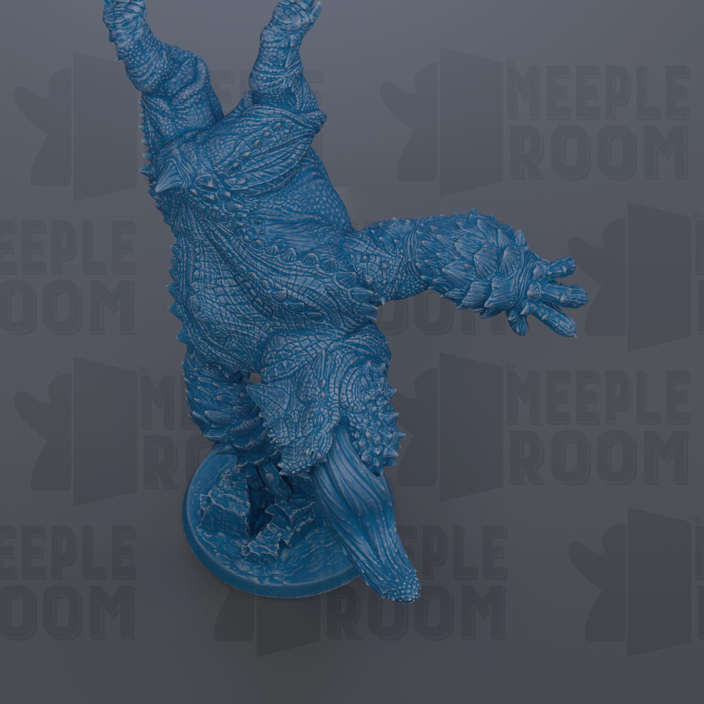 A blue, 3D-rendered dinosaur figurine is shown against a dark background with repeated text.