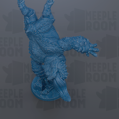 A blue, 3D-rendered dinosaur figurine is shown against a dark background with repeated text.