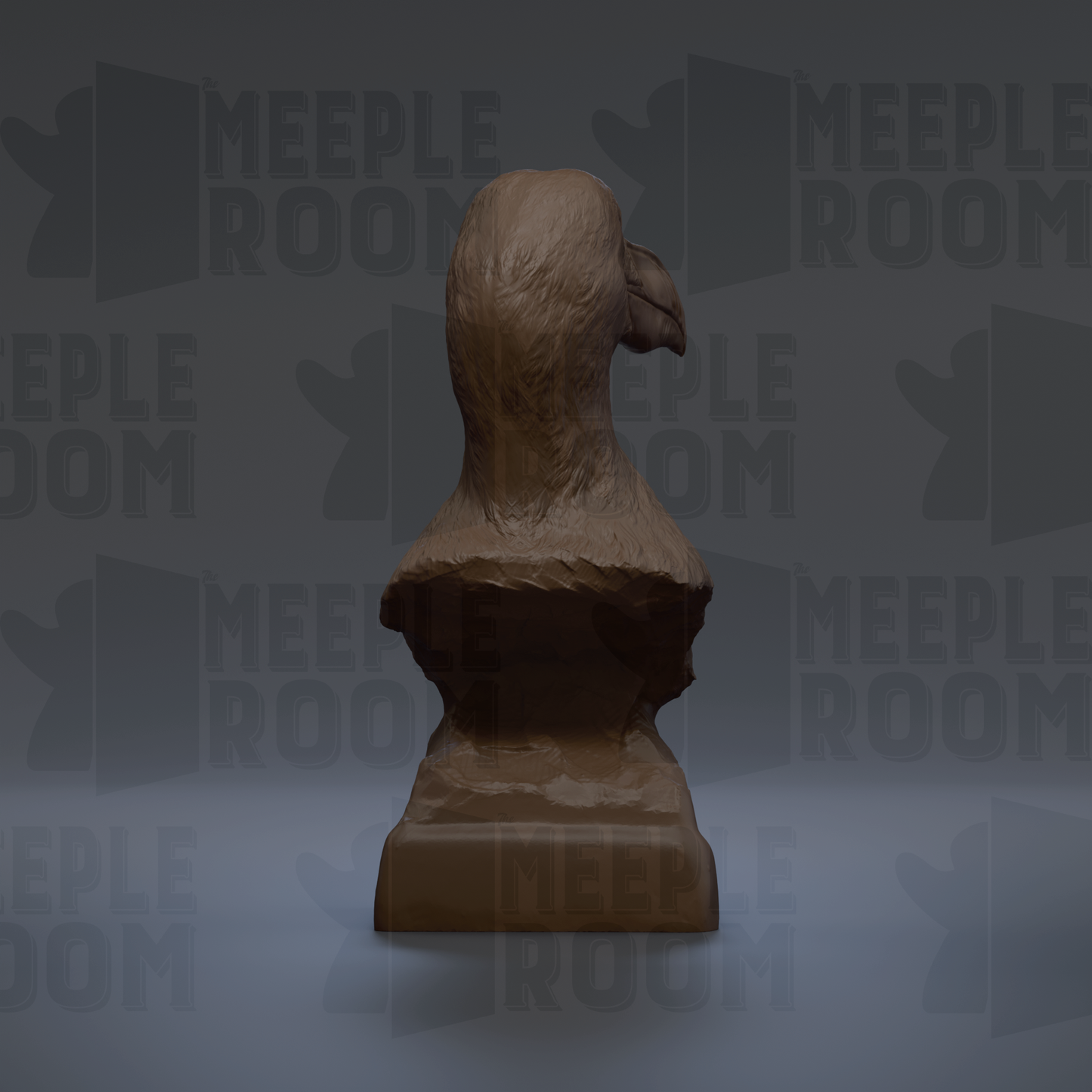 A 3D rendering of a brown bust sculpture against a dark background with repeated text.