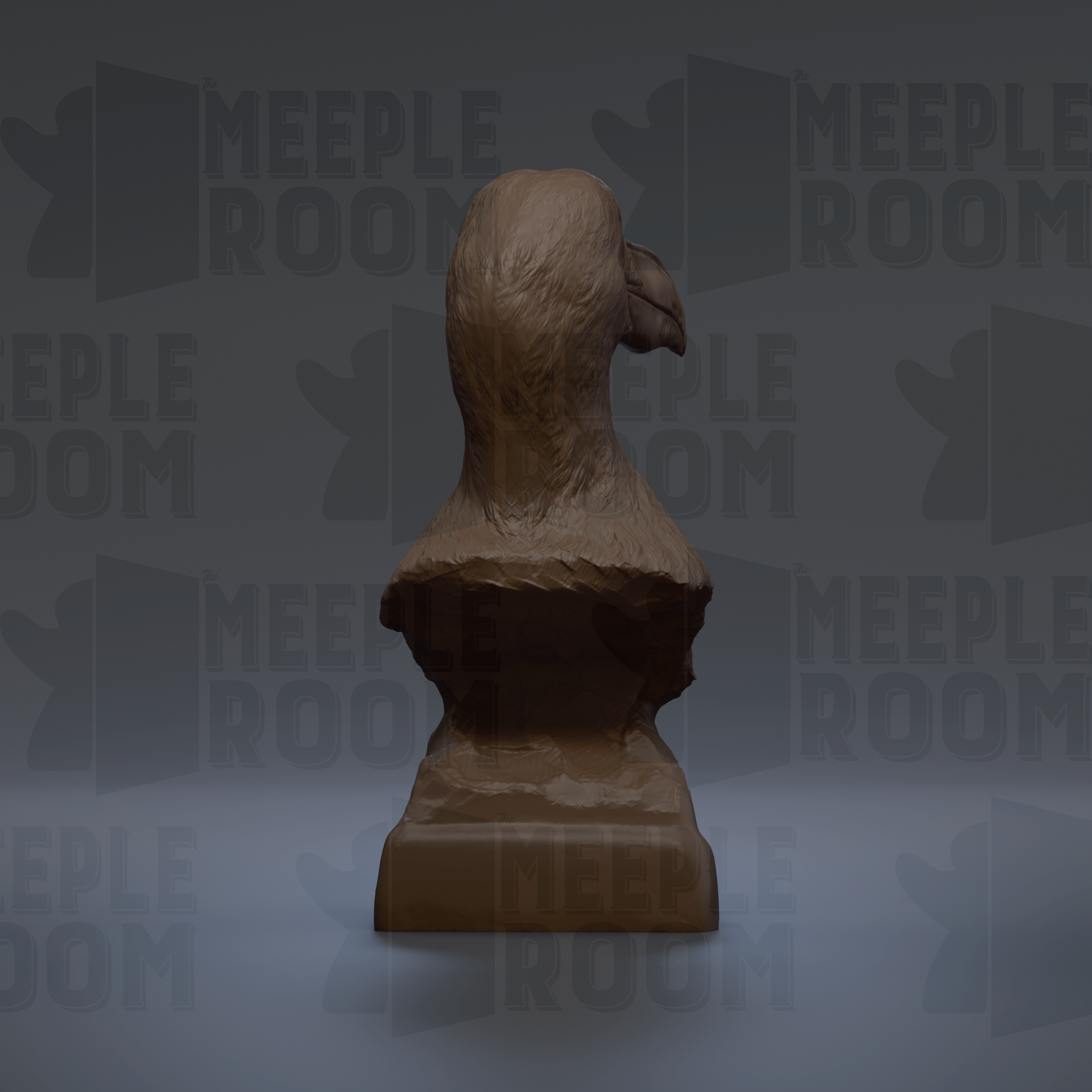 A 3D rendering of a brown bust sculpture against a dark background with repeated text.