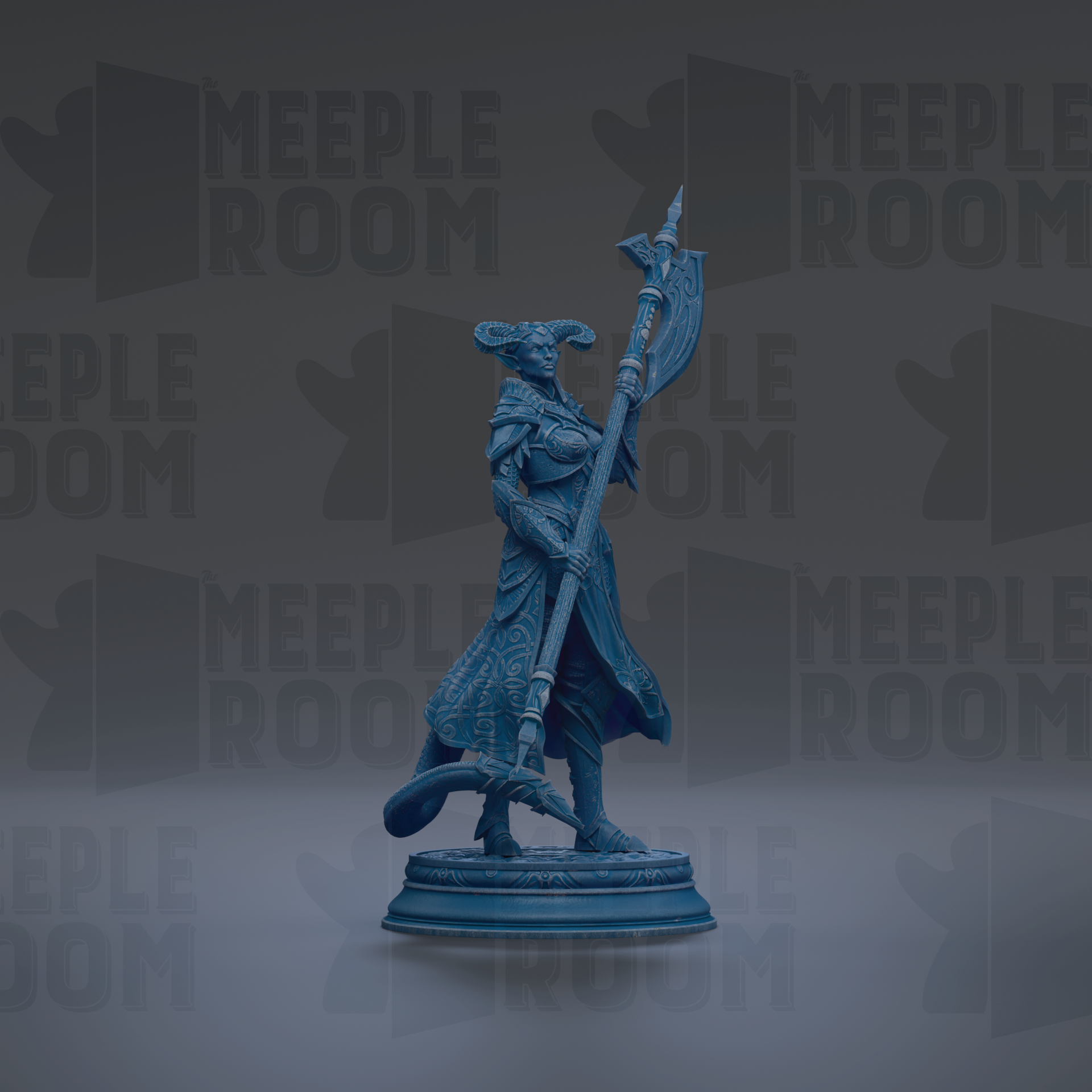 A blue statue of a warrior figure holding a spear and shield, standing on a pedestal against a dark background with repeated "MEUPLE ROOM" text.