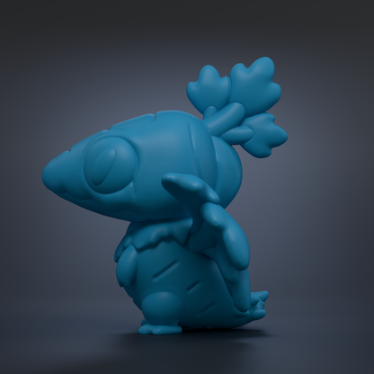 A 3D rendering of a blue, cartoon-like creature with a large head and a smaller body, standing on one leg against a dark background.