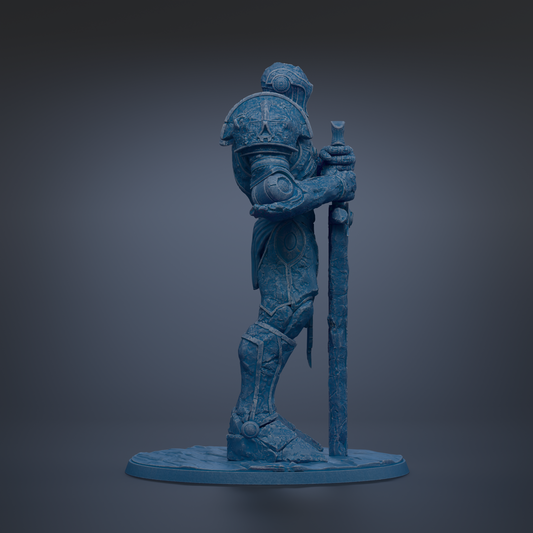 A blue armored knight statue holding a sword and standing in a defensive stance.