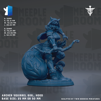 The image is a detailed 3D model of a female character, specifically an Archer Squirrel Girl, wearing a hood and holding a bow and arrow. The character is standing on a base that is either 25mm or 50mm in size. The image is a sculpted piece, and it is created by Twin Goddess Miniatures.