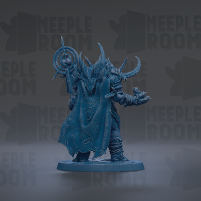 A blue figurine of a warrior figure with a large staff and ornate armor, standing against a dark background with repeated text.
