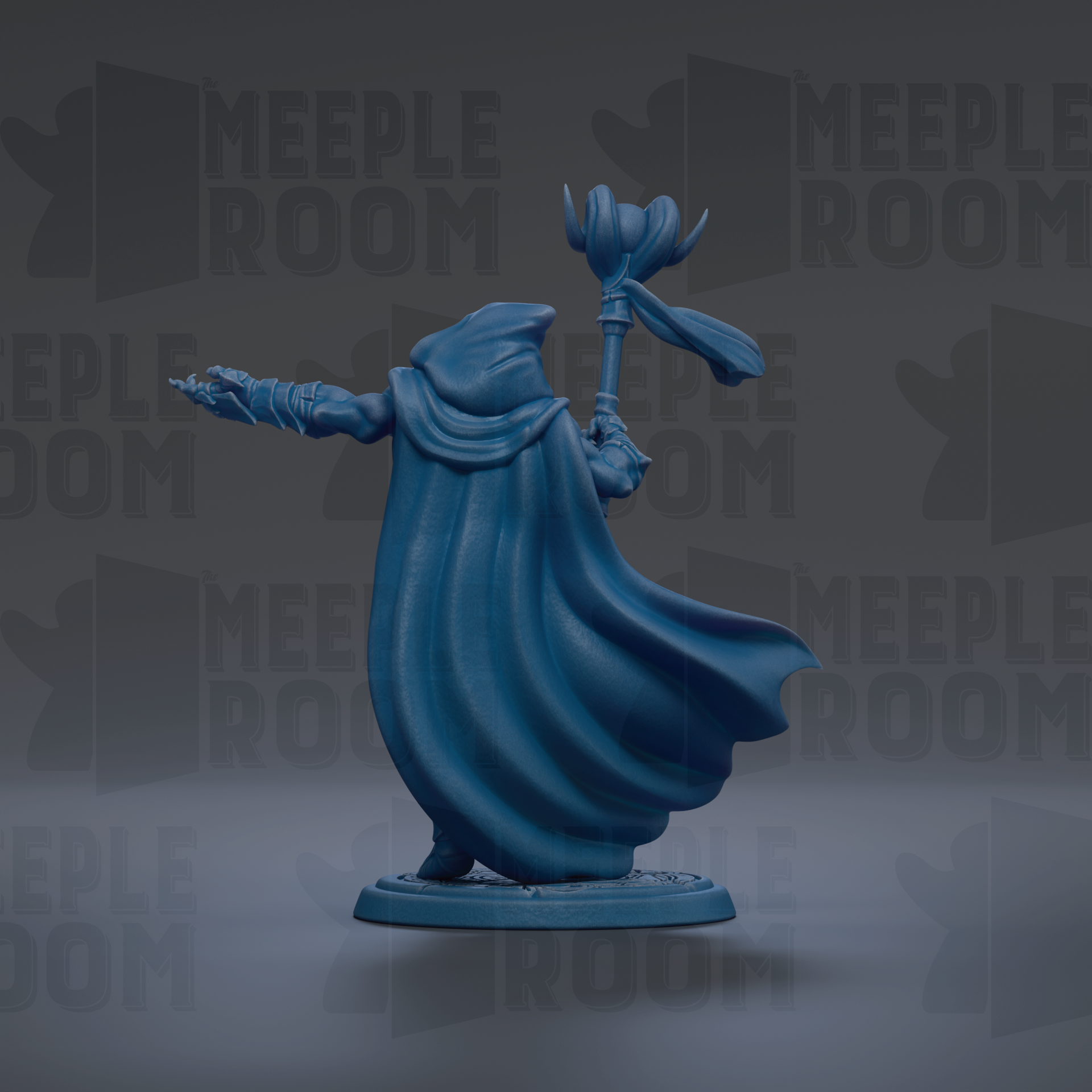 A blue figurine of a person holding a staff and a staff-like object, standing against a dark background with repeated text.
