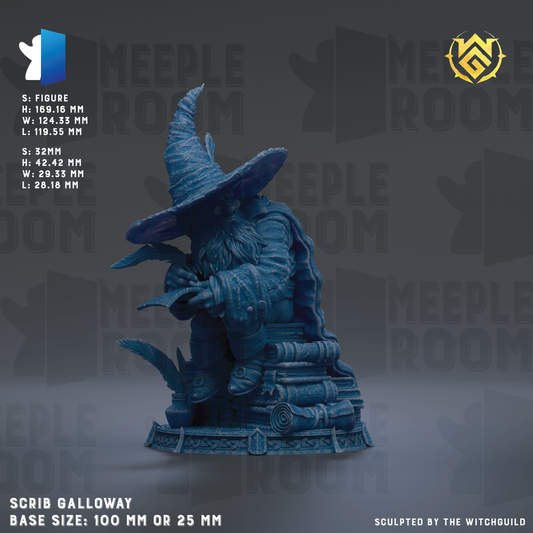 a detailed sculpture of a wizard or magical figure, with intricate details and a prominent hat. The sculpture is described as a "Sculpted by the Witchguild" and is shown in various sizes, including a base size of 100 mm or 25 mm. The background of the image is a dark gray color, which contrasts with the vibrant blue of the sculpture.