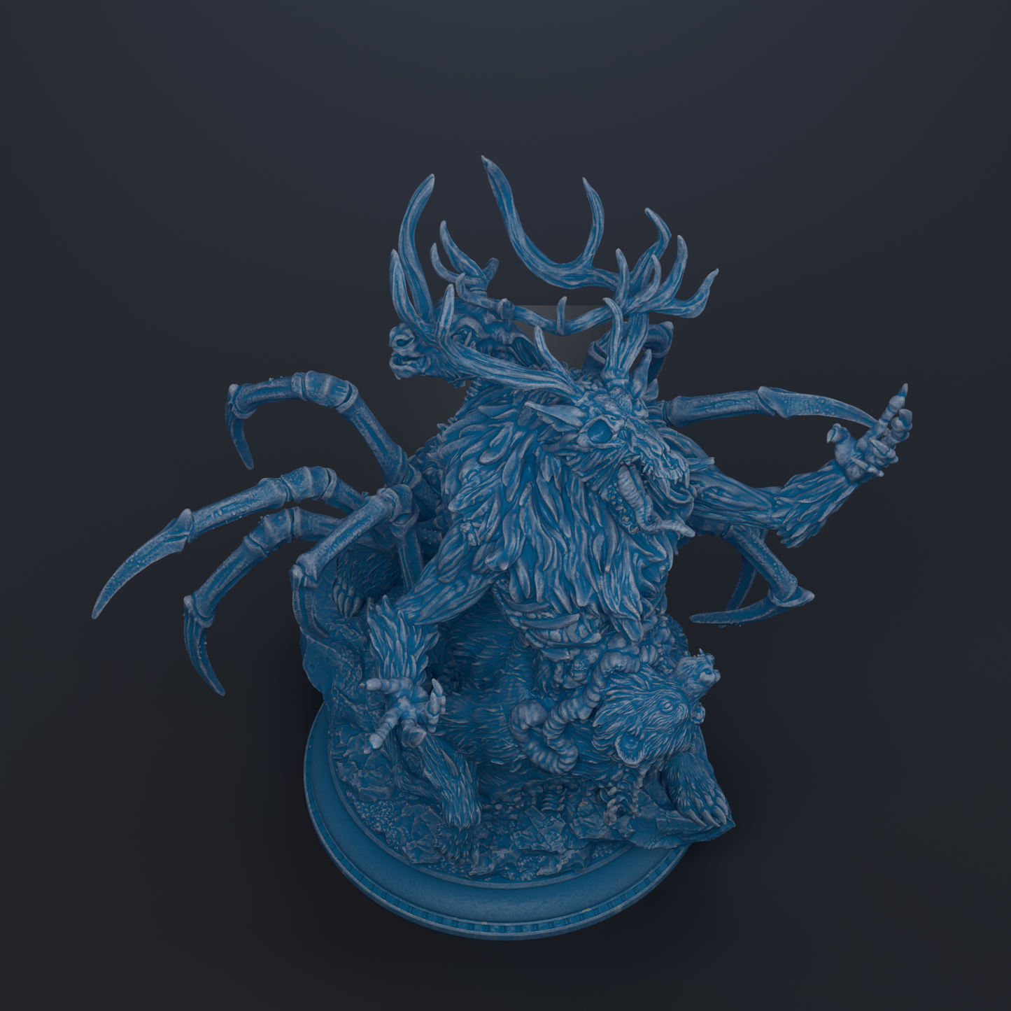 A detailed 3D rendering of a fantastical creature with intricate features, including large antlers, claws, and a complex body structure.
