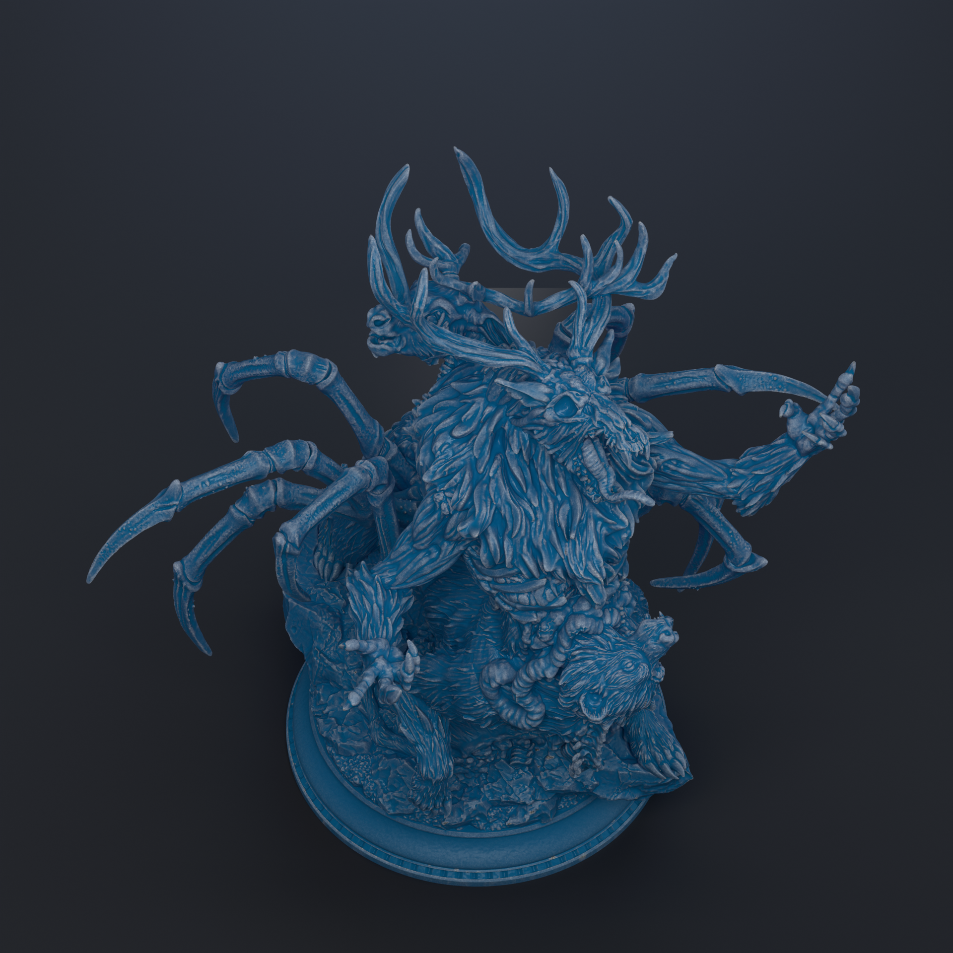 A detailed 3D rendering of a fantastical creature with intricate features, including large antlers, claws, and a complex body structure.