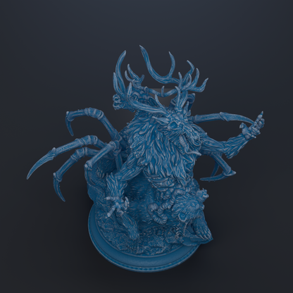 A detailed 3D rendering of a fantastical creature with intricate features, including large antlers, claws, and a complex body structure.