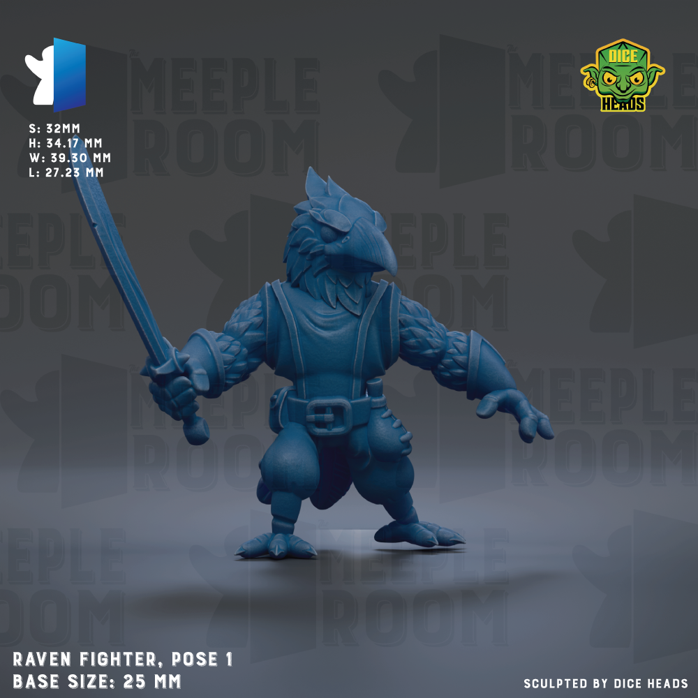 a blue fantasy character, specifically a raven fighter, posed in a fighting stance with a sword in hand. The character is standing on a gray surface, and the image is described as a "base size: 25mm" and "sculpted by dice heads".