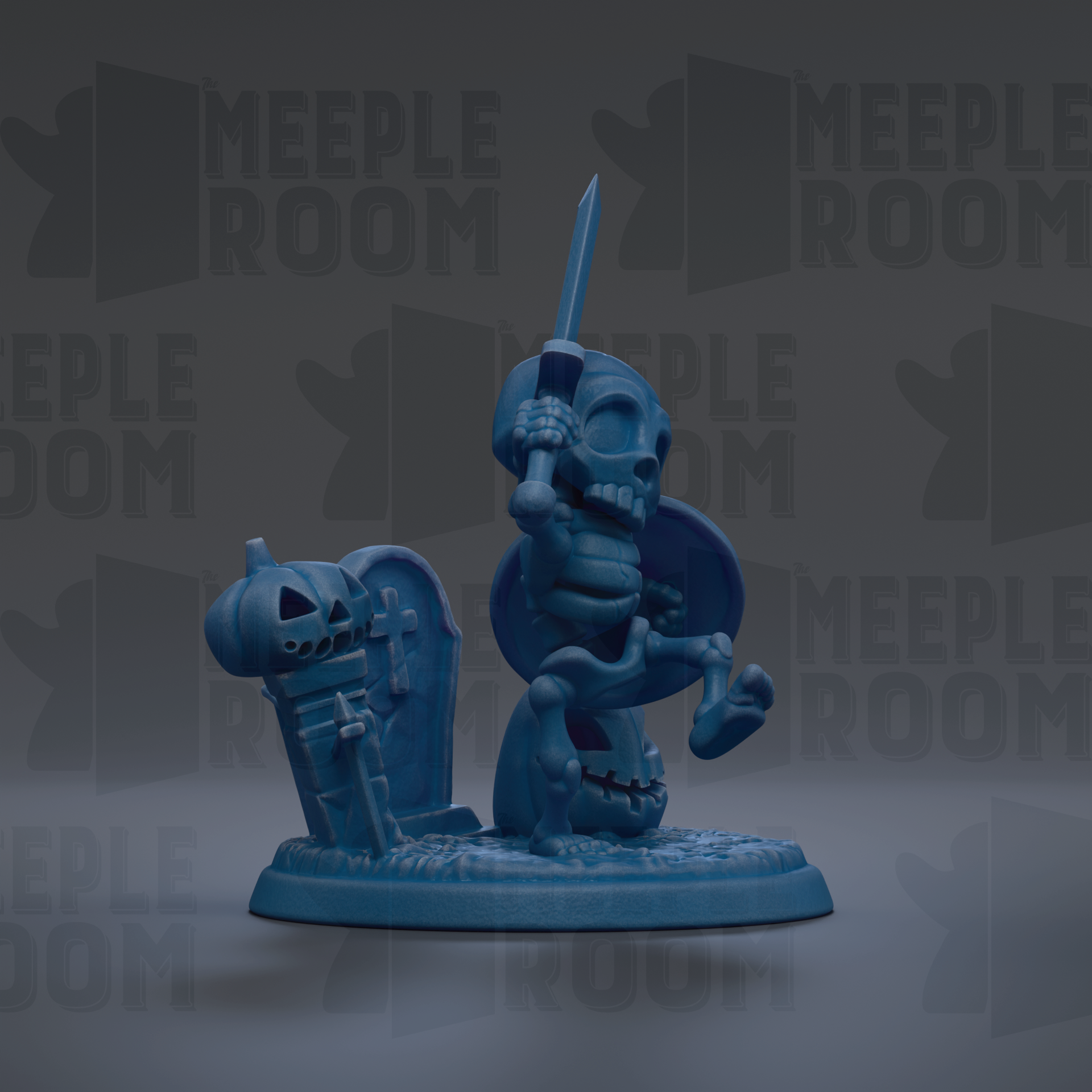 A blue figurine of a skeleton holding a sword and shield, standing on a base.
