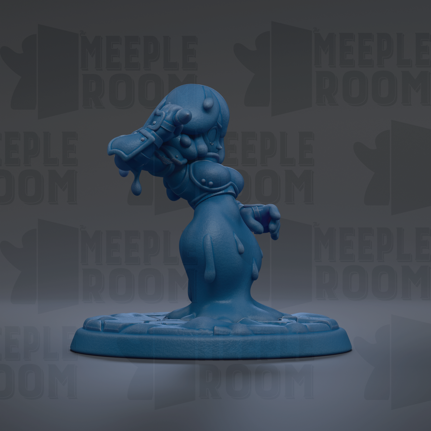 A blue, abstract figurine with a dripping, dripping face and a dripping, dripping body, standing on a blue base.
