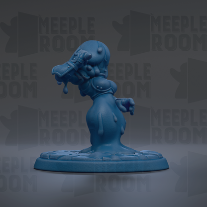 A blue, abstract figurine with a dripping, dripping face and a dripping, dripping body, standing on a blue base.