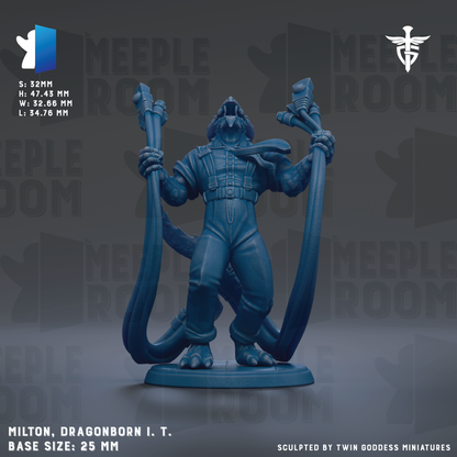 A figurine of a dragon-like creature with a human-like body, standing upright and holding a large pipe in its hands. The figurine is described as a Milton, Dragonborn I. T. Base size: 25mm.