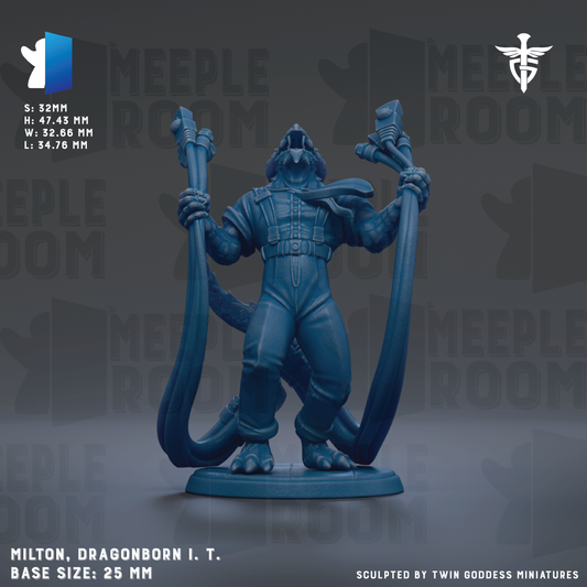 A figurine of a dragon-like creature with a human-like body, standing upright and holding a large pipe in its hands. The figurine is described as a Milton, Dragonborn I. T. Base size: 25mm.