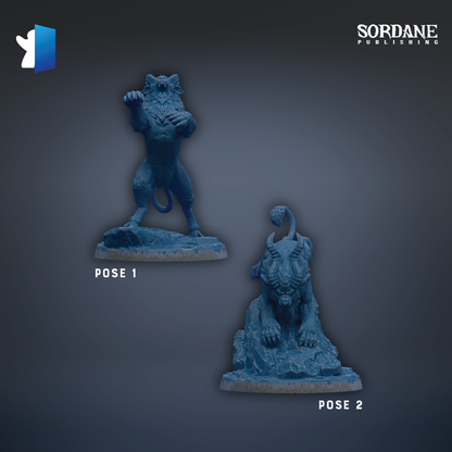 two blue figurines, one standing upright and the other sitting on a rock, with the text "POSE 1" and "POSE 2" indicating the pose of each figurine.