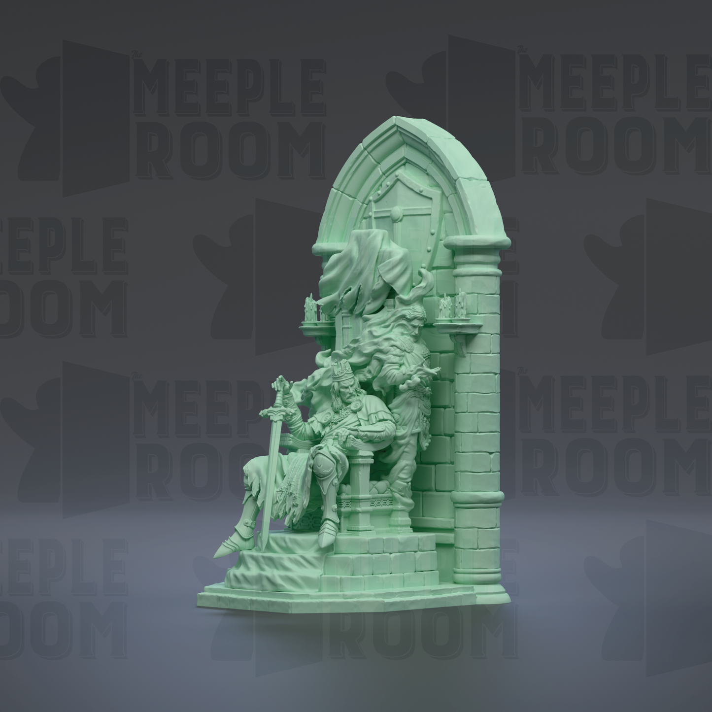 A green statue of a person sitting on a pedestal, holding a sword and shield, with a large archway in the background.