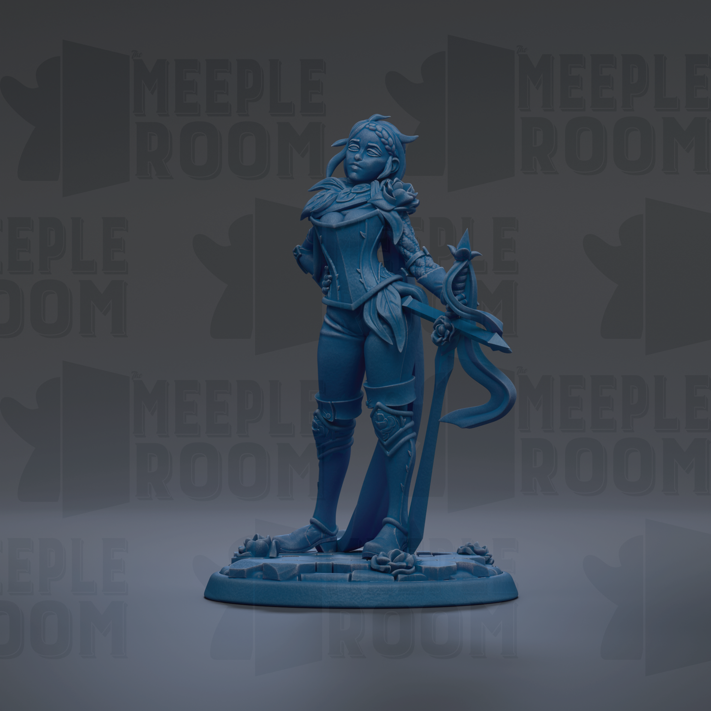 A blue figurine of a woman with a sword and shield stands on a base against a dark background with repeated text.