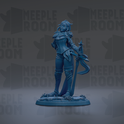 A blue figurine of a woman with a sword and shield stands on a base against a dark background with repeated text.