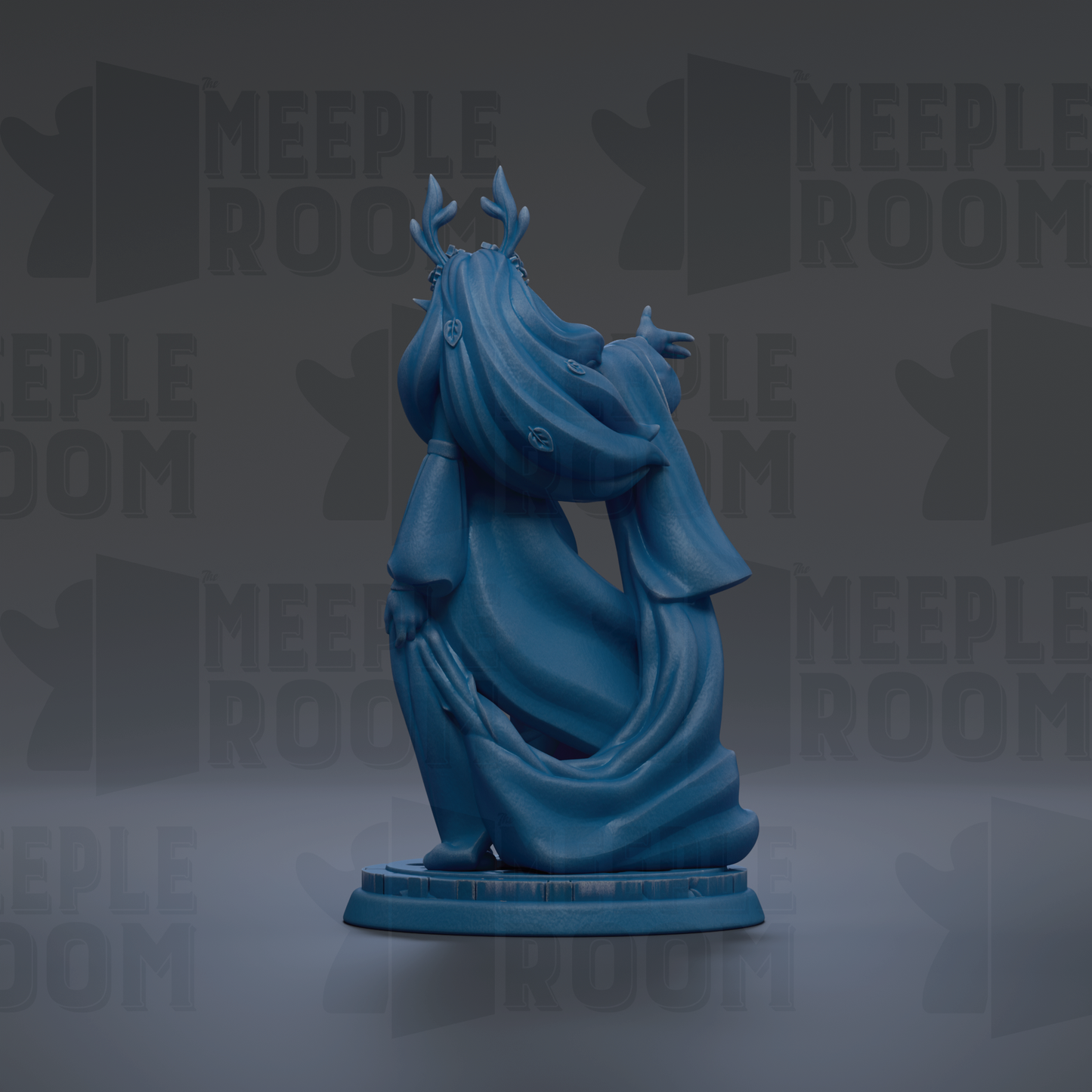 A blue figurine of a person with horns and a flowing robe is displayed against a dark background with repeated text.
