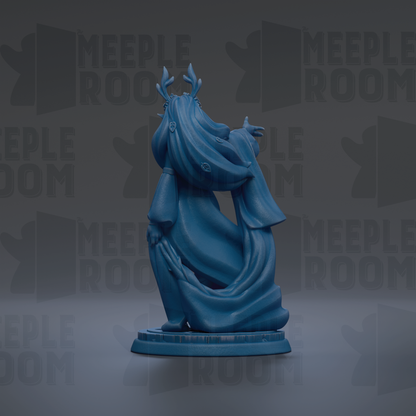 A blue figurine of a person with horns and a flowing robe is displayed against a dark background with repeated text.