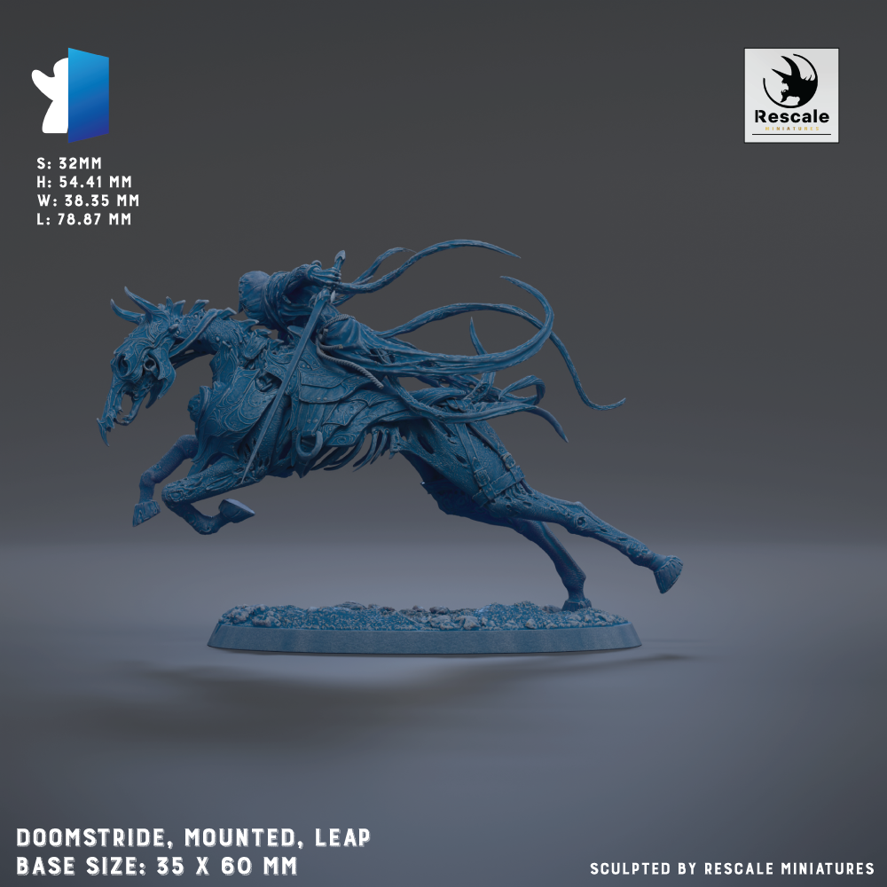 a 3D printed model of a mounted warrior on a horse, with a base size of 35 x 60 mm.