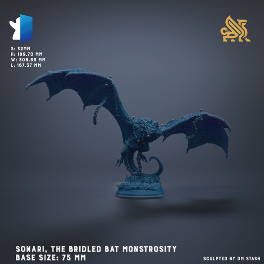 a blue bat-like creature with wings, possibly a bat-monstrosity, with a text overlay providing information about the base sizes and dimensions of the sculpture.