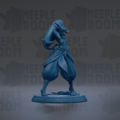 A blue figurine of a person standing on a platform against a dark background with repeated text.