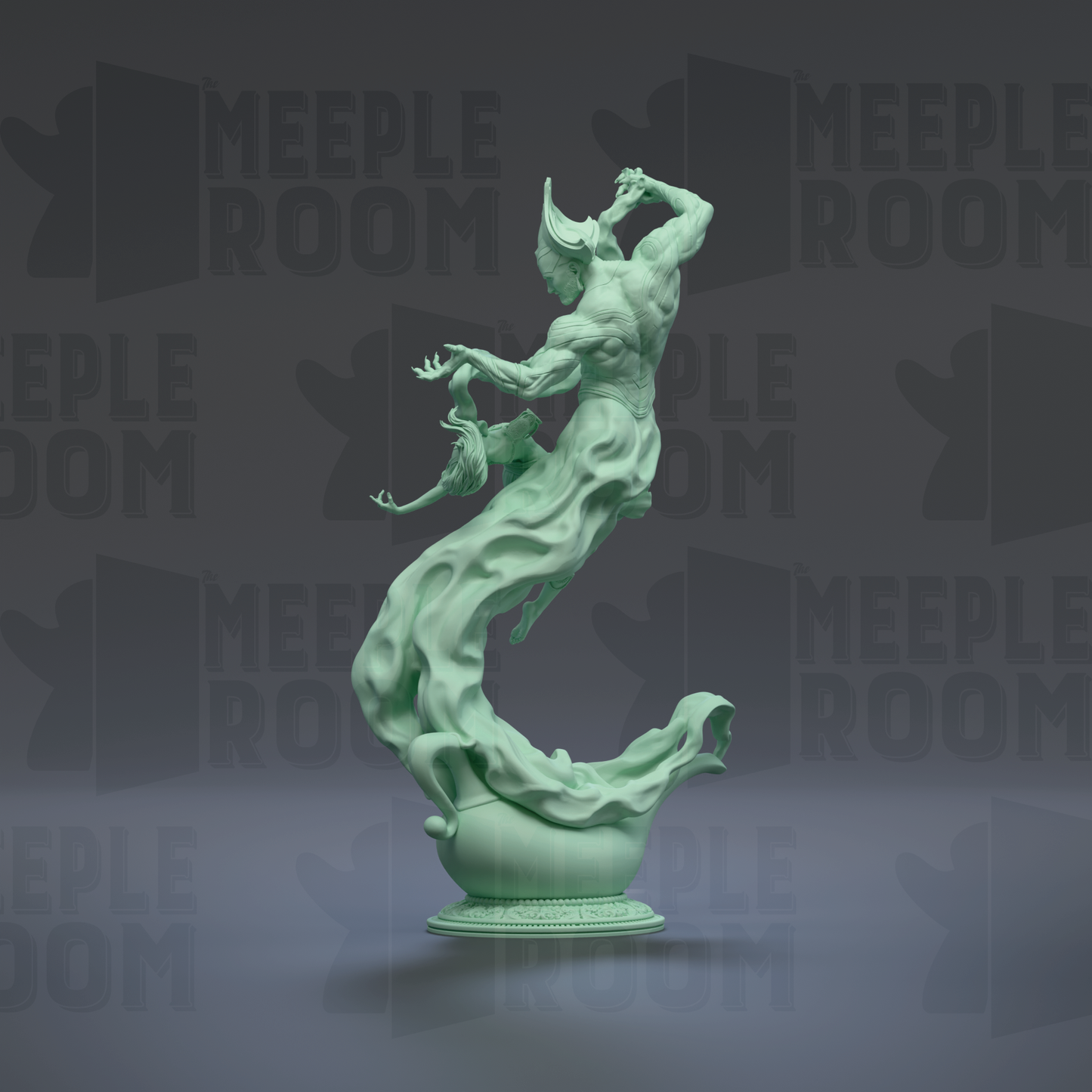 A green statue of a winged, muscular figure with a flowing, ethereal body stands on a pedestal against a dark background with repeated text.